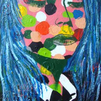 poka-dot faced woman colorful blue hair