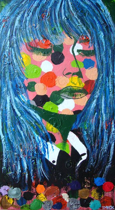 poka-dot faced woman colorful blue hair